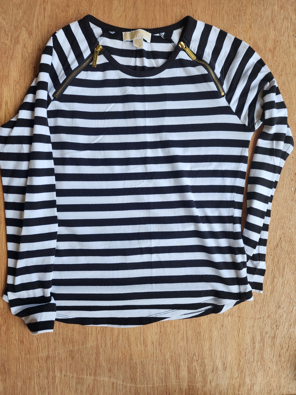 Michael Kors Black and White Striped Crewneck Top with Gold Label